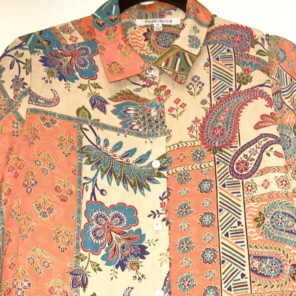 Rose & Olive Paisley Button-Up Shirt M Orange Boho Tie Knot Colorful Floral